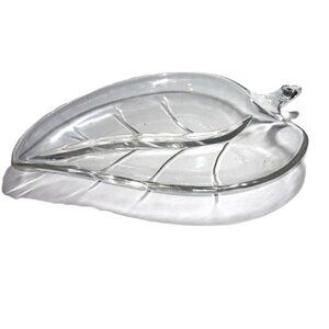 Leaf Shaped Glass Divided Serving Tray Candy Nut Dish 9.25" L x 5 .5 " W x 1.25"